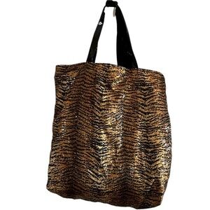 Gold & black tiger print sequin tote bag magnetic closure patent leather trim